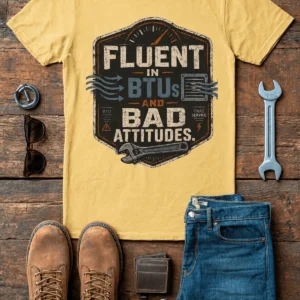 HVAC Tech T‑Shirt – "Fluent In BTUs And Bad Attitudes" — butter t-shirt, flat-lay product photo | Pressure Tested Co
