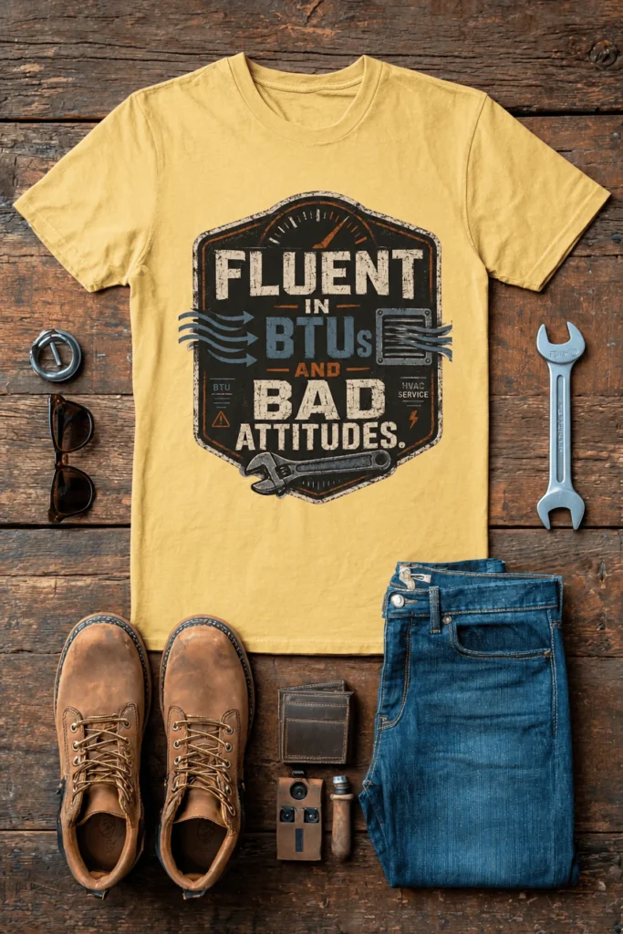 HVAC Tech T‑Shirt – "Fluent In BTUs And Bad Attitudes" — butter t-shirt, flat-lay product photo | Pressure Tested Co