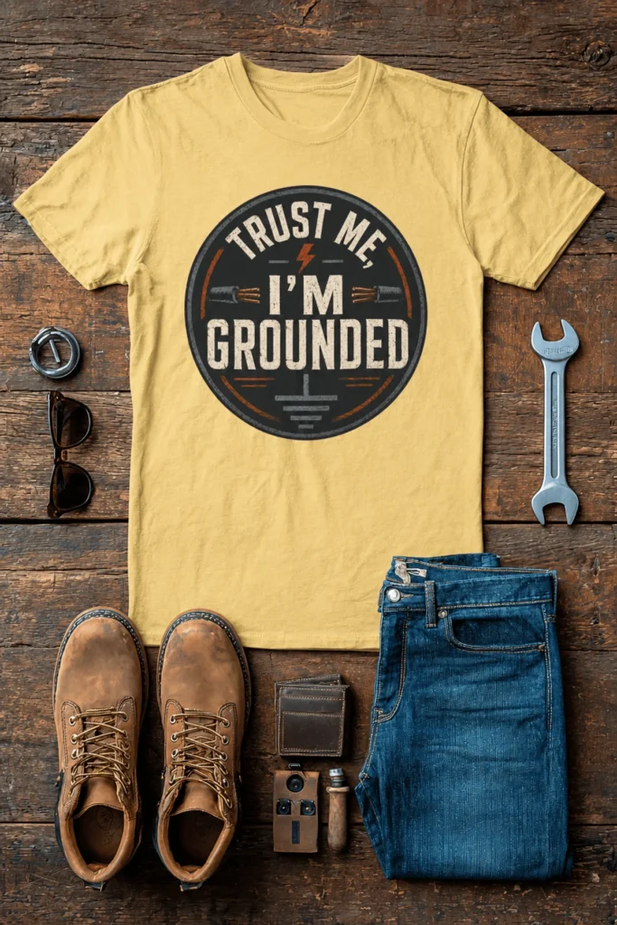 Grounded T‑Shirt – "Trust Me I'm Grounded" Electrical Tech Tee — butter t-shirt, flat-lay product photo | Pressure Tested Co