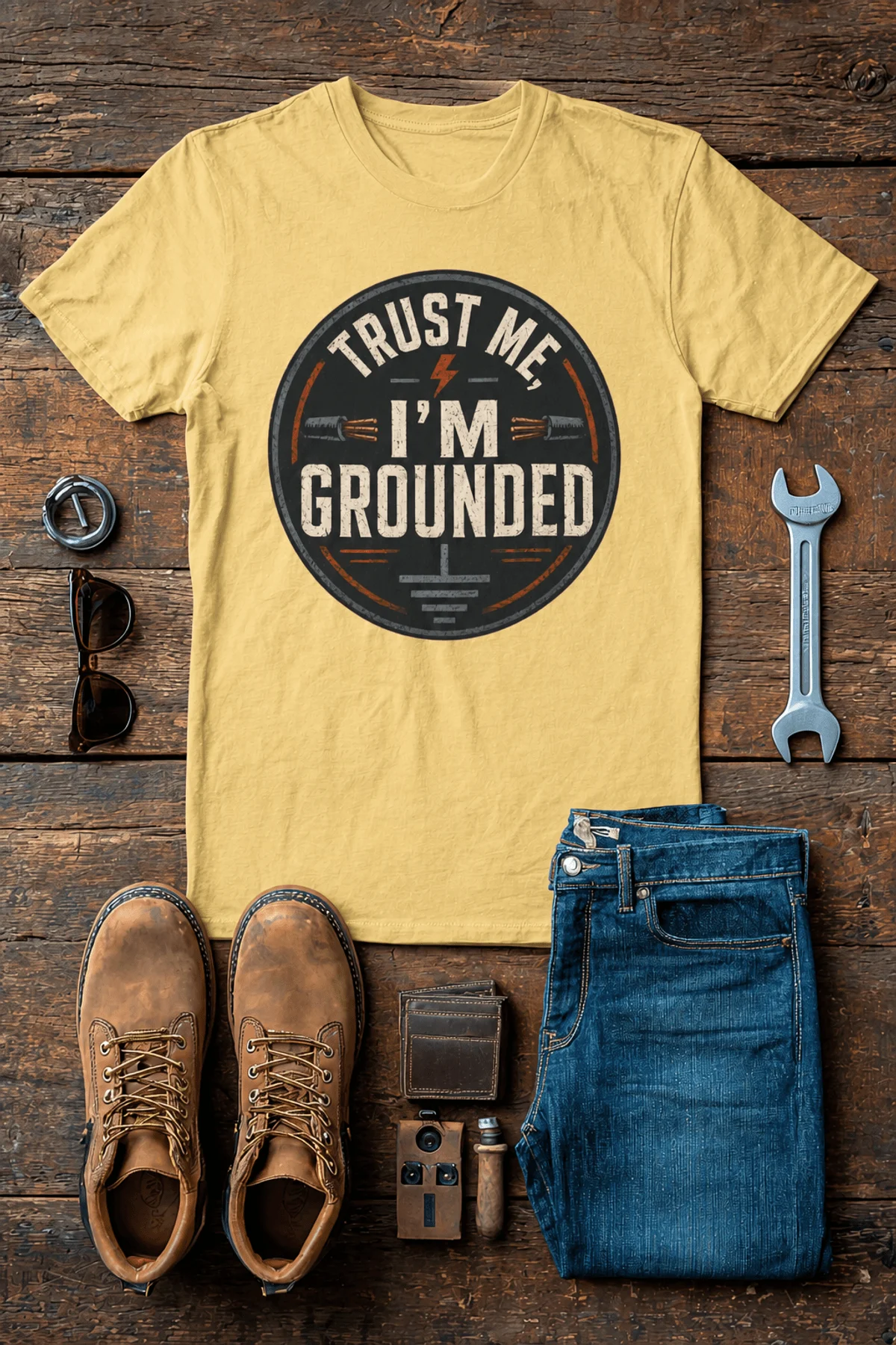 Grounded T‑Shirt – "Trust Me I'm Grounded" Electrical Tech Tee — butter t-shirt, flat-lay product photo | Pressure Tested Co
