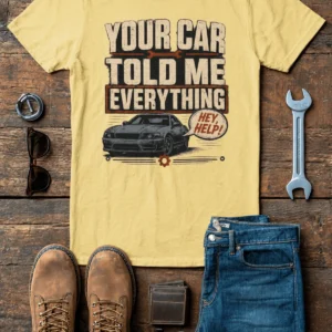 Mechanic T‑Shirt – "Your Car Told Me Everything" Vintage Graphic Design Tee — butter t-shirt, flat-lay product photo | Pressure Tested Co