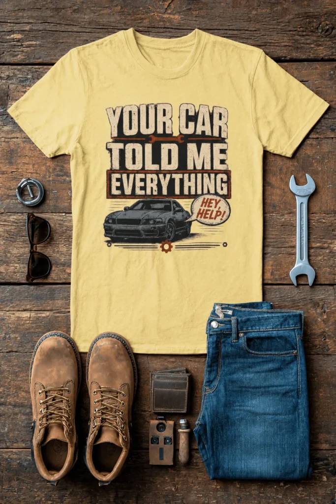 Mechanic T‑Shirt – "Your Car Told Me Everything" Vintage Graphic Design Tee — butter t-shirt, flat-lay product photo | Pressure Tested Co