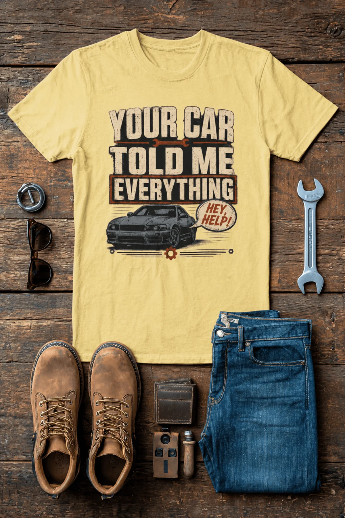 Mechanic T‑Shirt – "Your Car Told Me Everything" Vintage Graphic Design Tee — butter t-shirt, flat-lay product photo | Pressure Tested Co