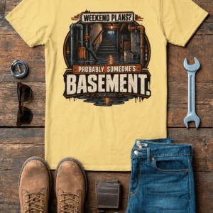 Plumber T‑Shirt – "Weekend Plans? Probably Someone's Basement" Vintage Graphic Design Tee — butter t-shirt, flat-lay product photo | Pressure Tested Co