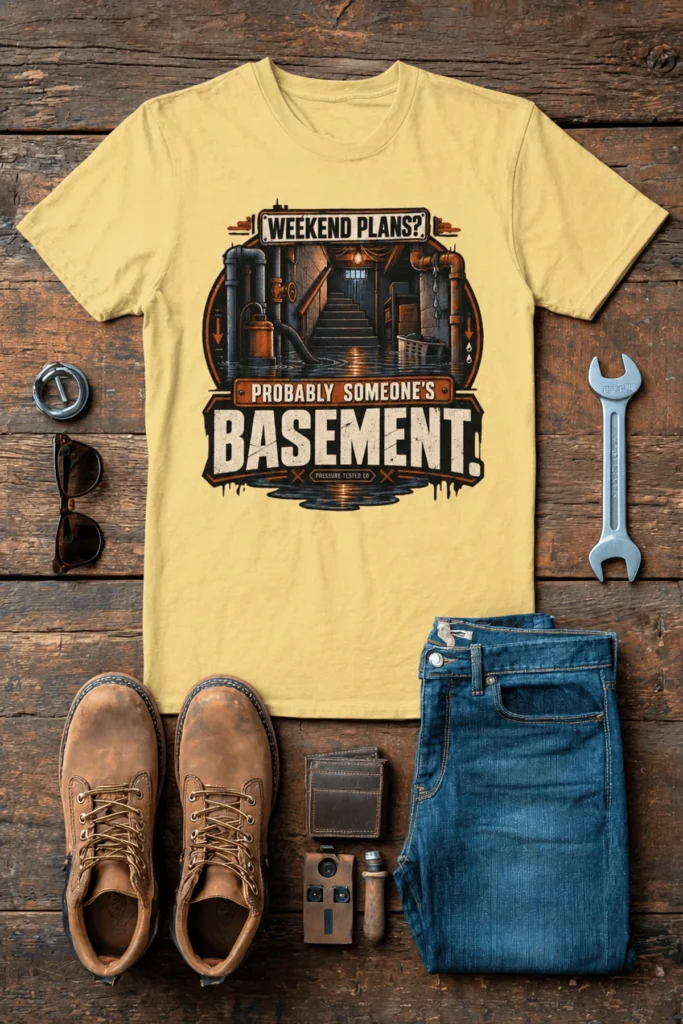 Plumber T‑Shirt – "Weekend Plans? Probably Someone's Basement" Vintage Graphic Design Tee — butter t-shirt, flat-lay product photo | Pressure Tested Co