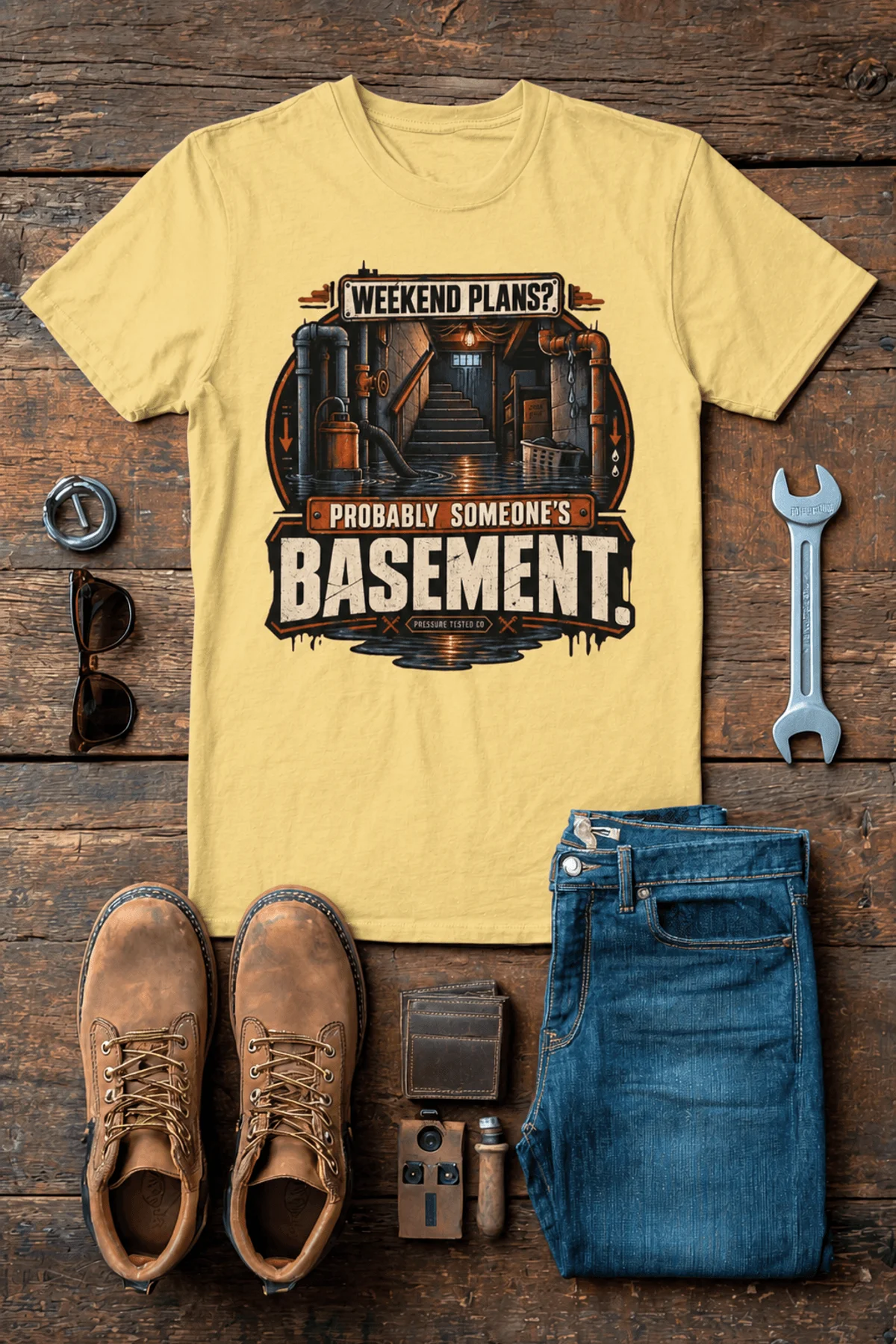 Plumber T‑Shirt – "Weekend Plans? Probably Someone's Basement" Vintage Graphic Design Tee — butter t-shirt, flat-lay product photo | Pressure Tested Co