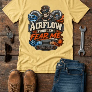 Airflow Problems Fear Me T-Shirt — HVAC Technician Skull Logo Tee — butter t-shirt, flat-lay product photo | Pressure Tested Co