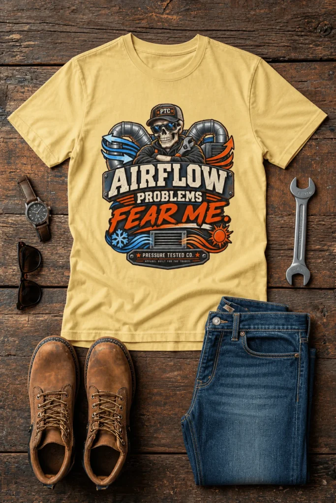 Airflow Problems Fear Me T-Shirt — HVAC Technician Skull Logo Tee — butter t-shirt, flat-lay product photo | Pressure Tested Co