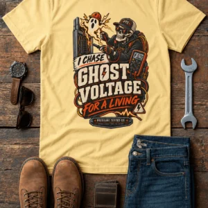 Ghost Voltage T-Shirt — 'I Chase Ghost Voltage for a Living' Vintage Electrician Tee — butter t-shirt, flat-lay product photo | Pressure Tested Co