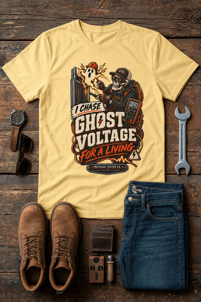 Ghost Voltage T-Shirt — 'I Chase Ghost Voltage for a Living' Vintage Electrician Tee — butter t-shirt, flat-lay product photo | Pressure Tested Co