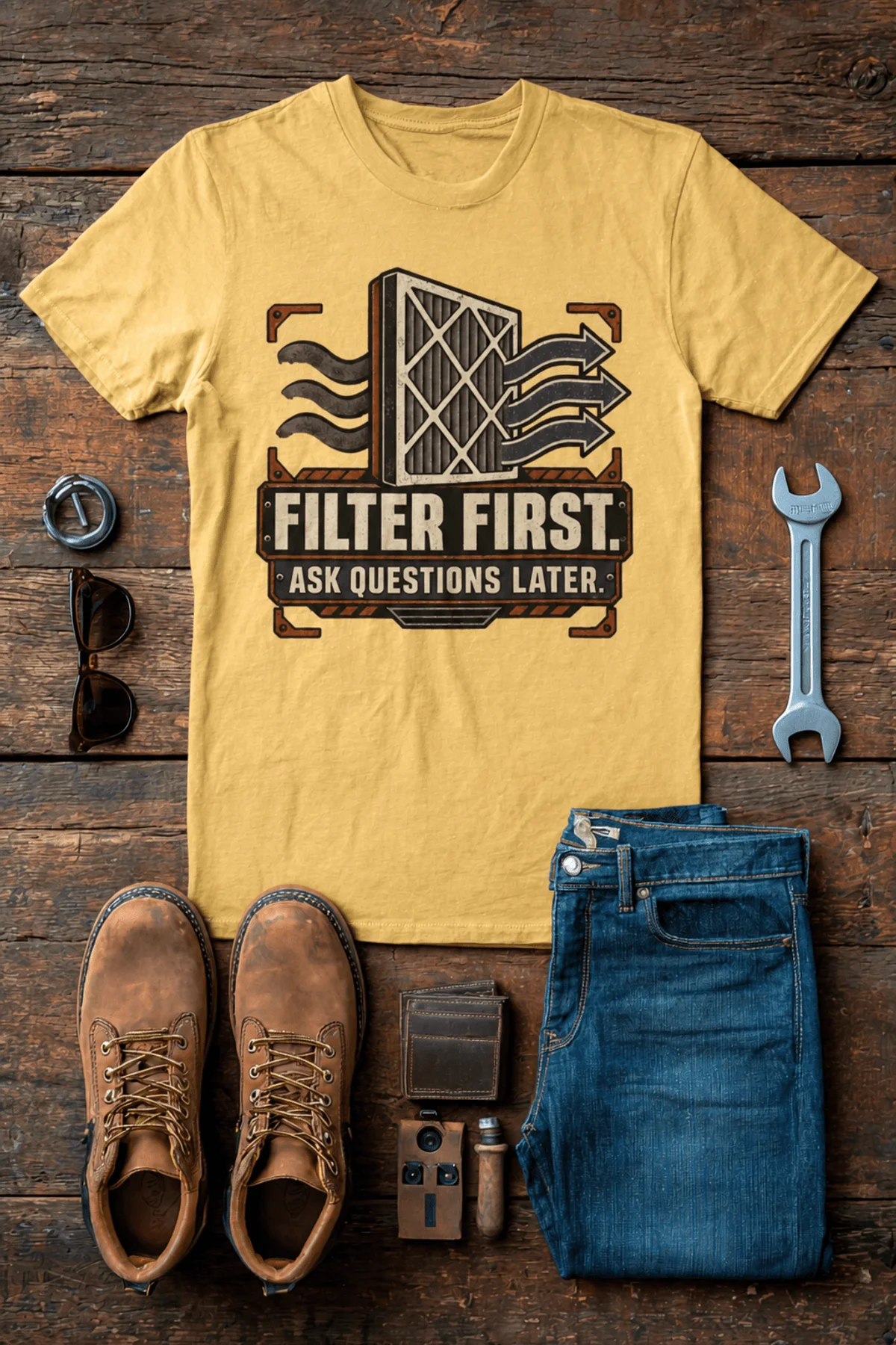 T-Shirt — "Filter First. Ask Questions Later." HVAC Air Filter Graphic — butter t-shirt, flat-lay product photo | Pressure Tested Co