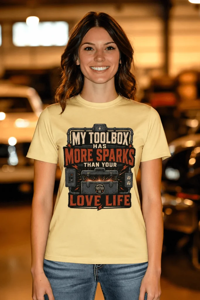 T-Shirt — "My Toolbox Has More Sparks Than Your Love Life" Electrician/Mechanic Workshop Tee — butter t-shirt, model photo | Pressure Tested Co