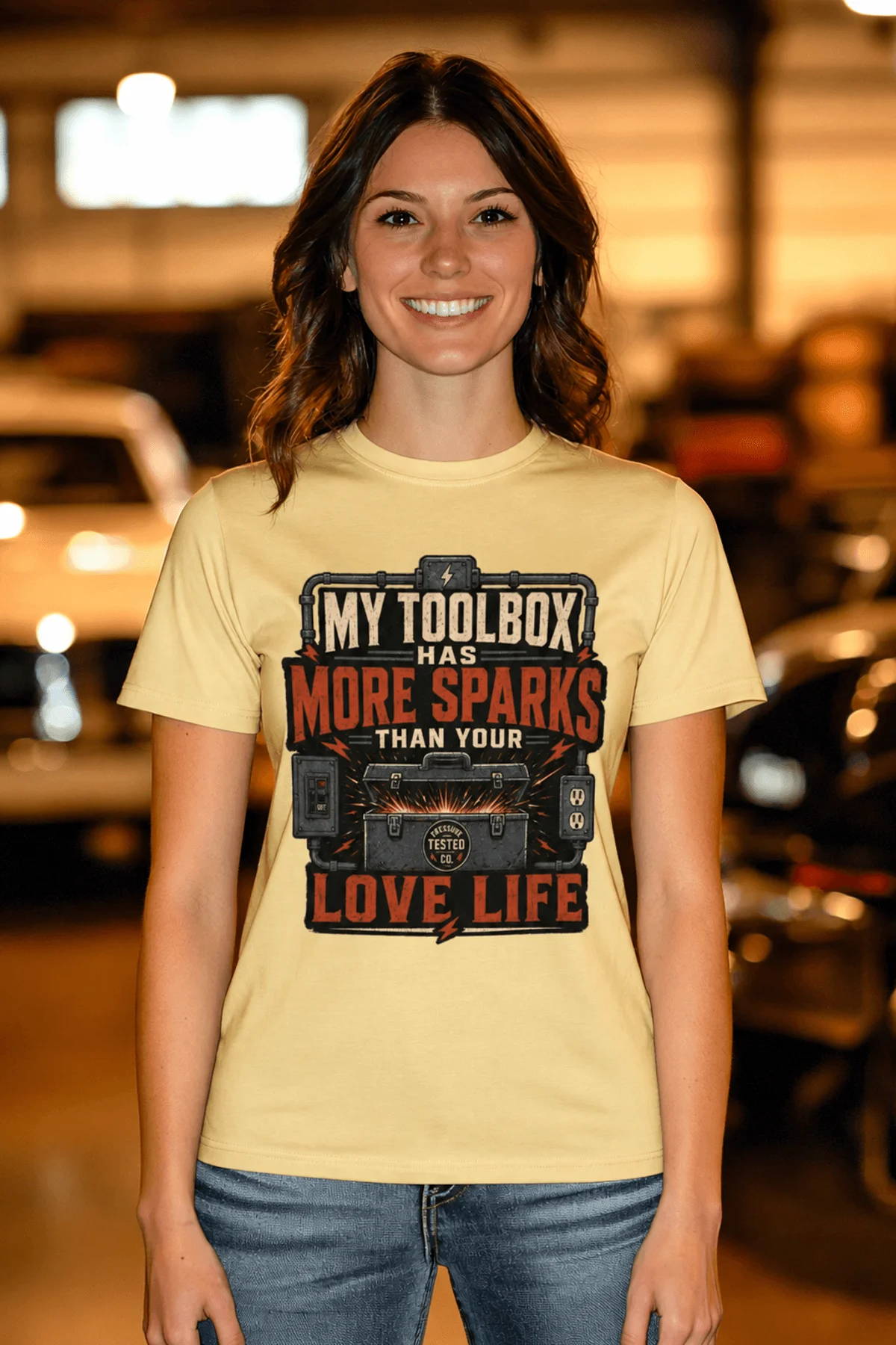 T-Shirt — "My Toolbox Has More Sparks Than Your Love Life" Electrician/Mechanic Workshop Tee — butter t-shirt, model photo | Pressure Tested Co
