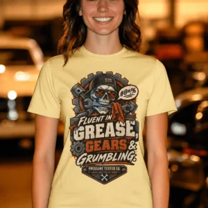 Mechanic Skull T-Shirt — "Fluent in Grease, Gears and Grumbling" Graphic Tee — butter t-shirt, model photo | Pressure Tested Co