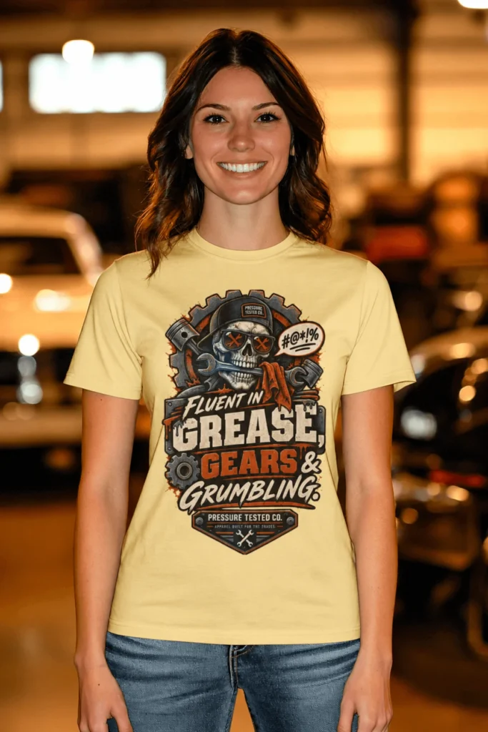 Mechanic Skull T-Shirt — "Fluent in Grease, Gears and Grumbling" Graphic Tee — butter t-shirt, model photo | Pressure Tested Co