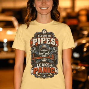 Plumber Skull T-Shirt — "Fluent in Pipes, Leaks and Panic" Workwear Tee — butter t-shirt, model photo | Pressure Tested Co