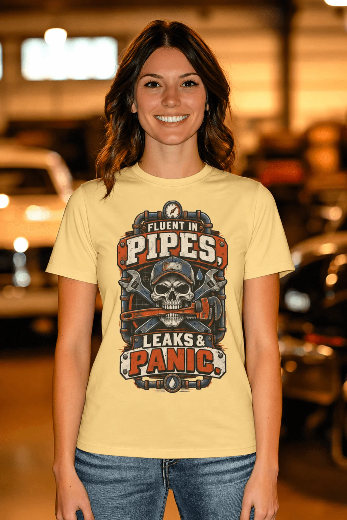 Plumber Skull T-Shirt — "Fluent in Pipes, Leaks and Panic" Workwear Tee — butter t-shirt, model photo | Pressure Tested Co