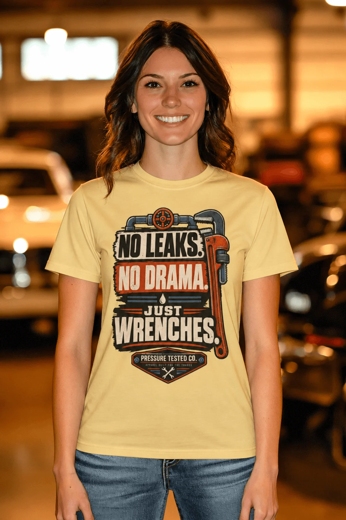 "No Leaks, No Drama, Just Wrenches" Vintage Plumbing Tee — butter t-shirt, model photo | Pressure Tested Co