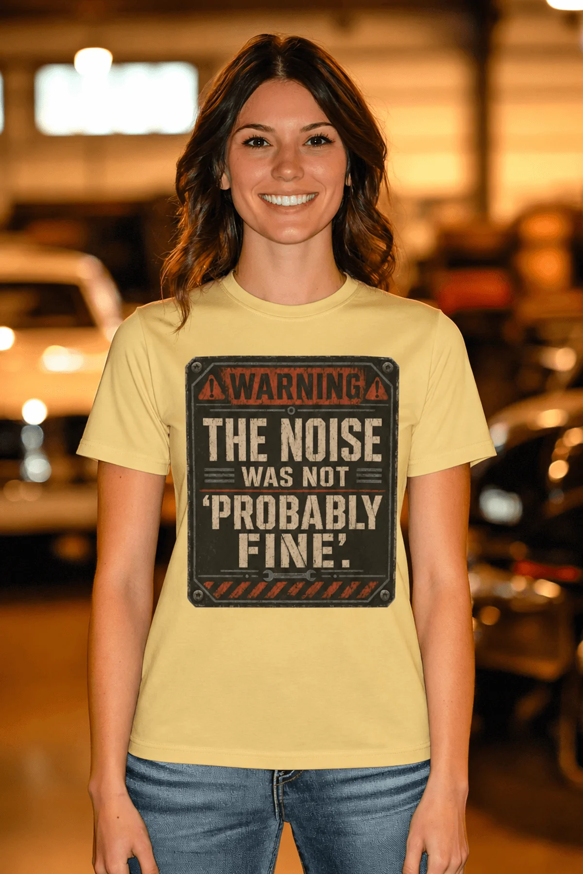 Warning Sign T-Shirt — "The Noise Was Not 'Probably Fine'" Vintage Graphic Tee — butter t-shirt, model photo | Pressure Tested Co
