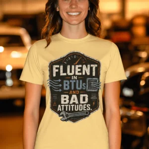 HVAC Tech T‑Shirt – "Fluent In BTUs And Bad Attitudes" — butter t-shirt, model photo | Pressure Tested Co