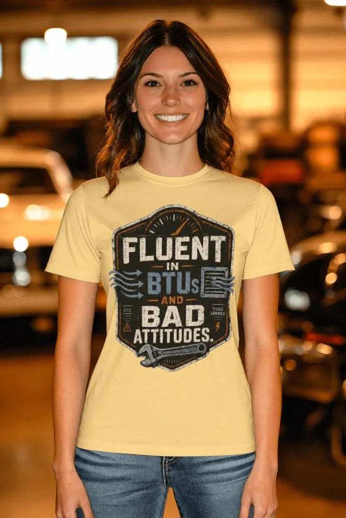 HVAC Tech T‑Shirt – "Fluent In BTUs And Bad Attitudes" — butter t-shirt, model photo | Pressure Tested Co