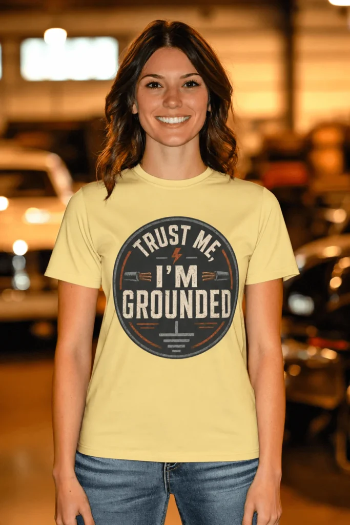 Grounded T‑Shirt – "Trust Me I'm Grounded" Electrical Tech Tee — butter t-shirt, model photo | Pressure Tested Co