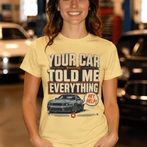 Mechanic T‑Shirt – "Your Car Told Me Everything" Vintage Graphic Design Tee — butter t-shirt, model photo | Pressure Tested Co