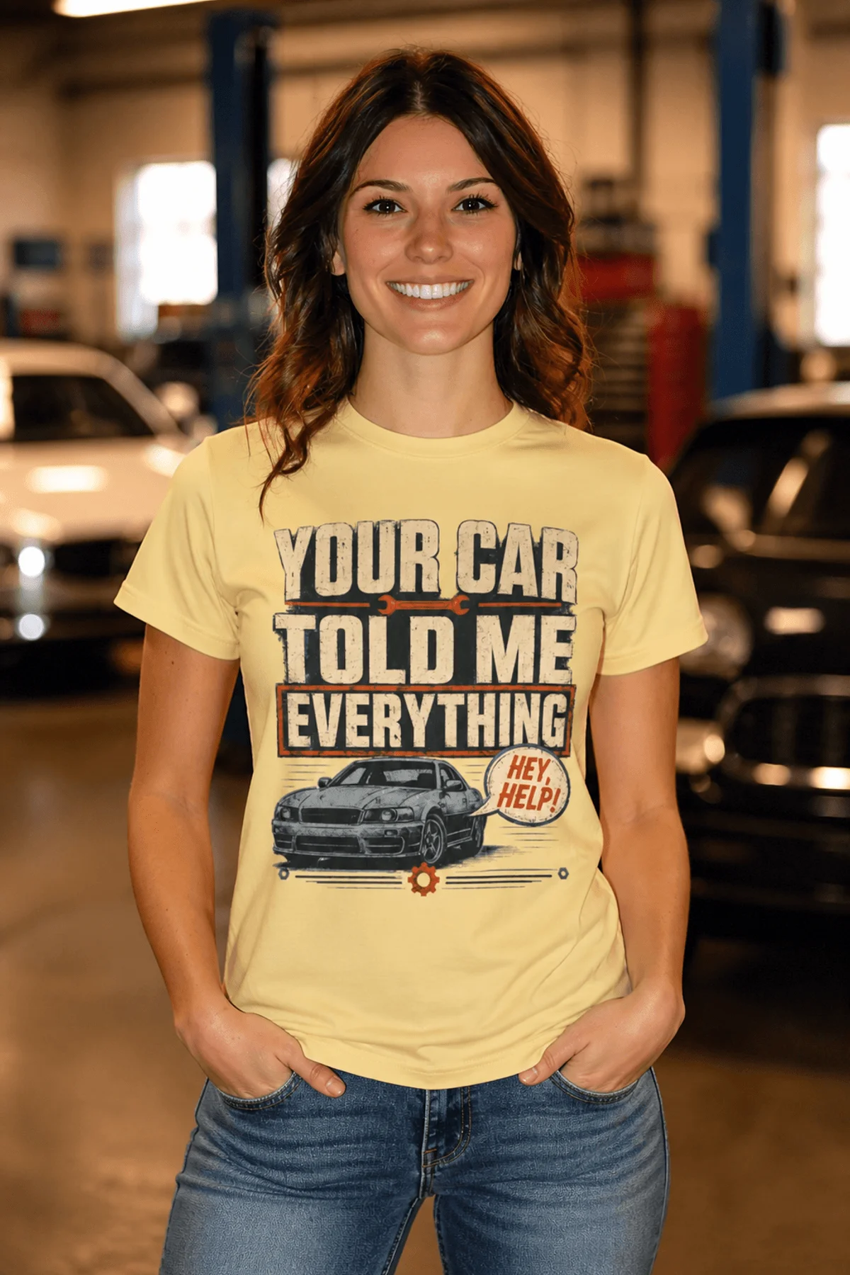 Mechanic T‑Shirt – "Your Car Told Me Everything" Vintage Graphic Design Tee — butter t-shirt, model photo | Pressure Tested Co