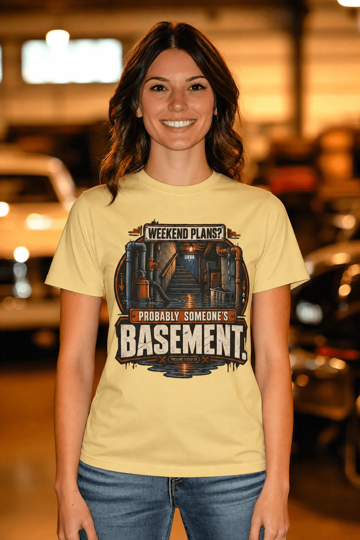 Plumber T‑Shirt – "Weekend Plans? Probably Someone's Basement" Vintage Graphic Design Tee — butter t-shirt, model photo | Pressure Tested Co