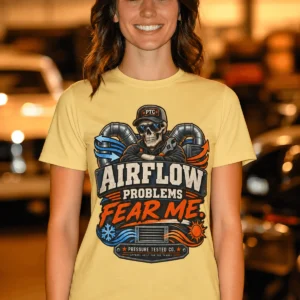 Airflow Problems Fear Me T-Shirt — HVAC Technician Skull Logo Tee — butter t-shirt, model photo | Pressure Tested Co