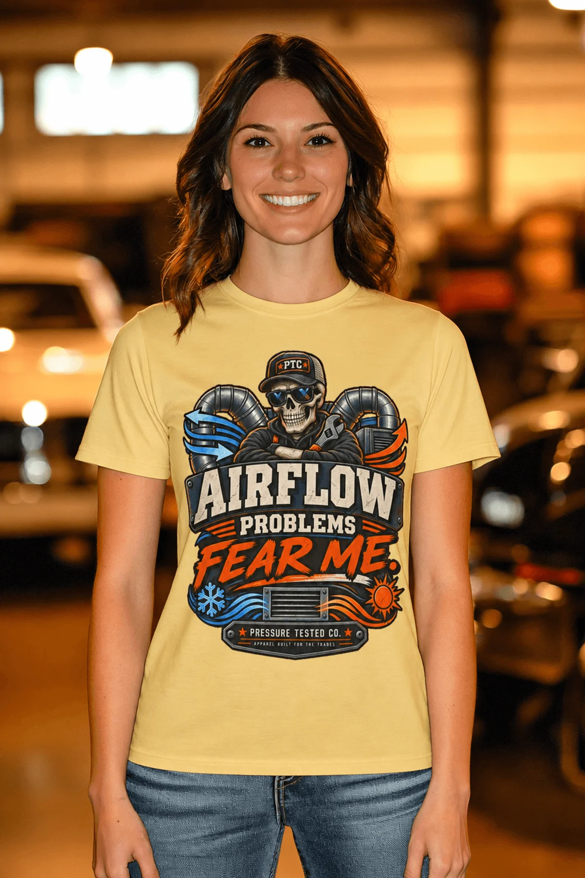 Airflow Problems Fear Me T-Shirt — HVAC Technician Skull Logo Tee — butter t-shirt, model photo | Pressure Tested Co