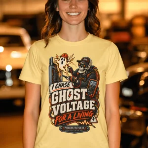 Ghost Voltage T-Shirt — 'I Chase Ghost Voltage for a Living' Vintage Electrician Tee — butter t-shirt, model photo | Pressure Tested Co