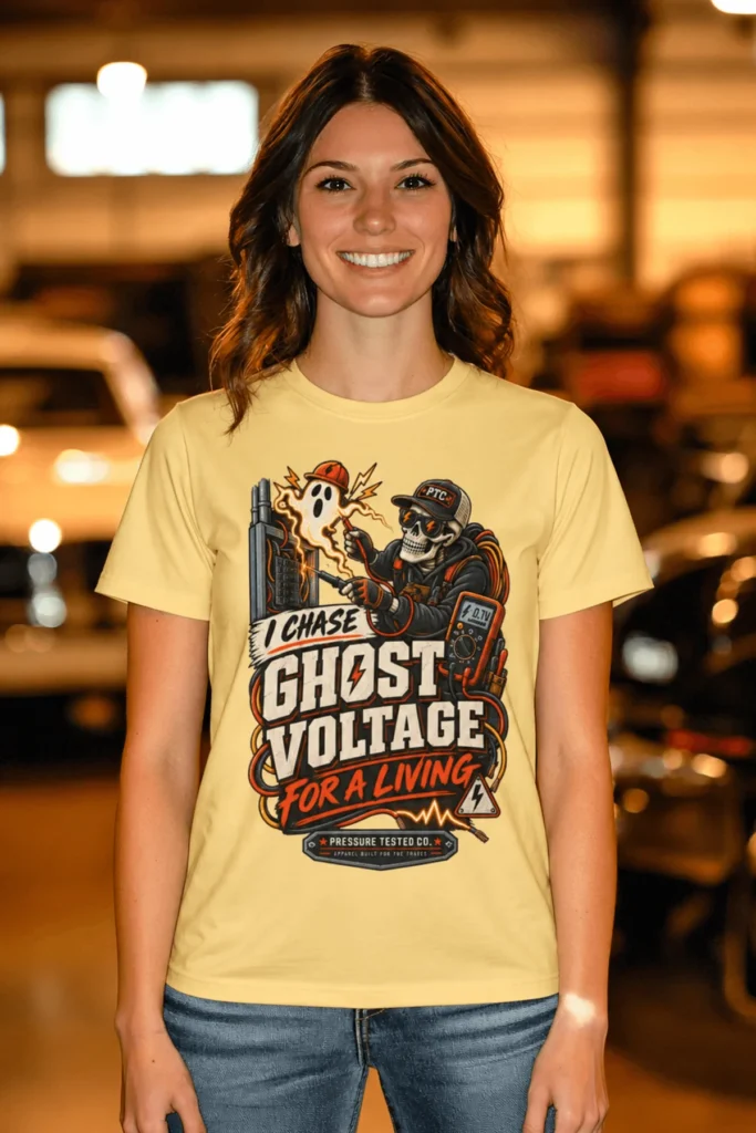 Ghost Voltage T-Shirt — 'I Chase Ghost Voltage for a Living' Vintage Electrician Tee — butter t-shirt, model photo | Pressure Tested Co