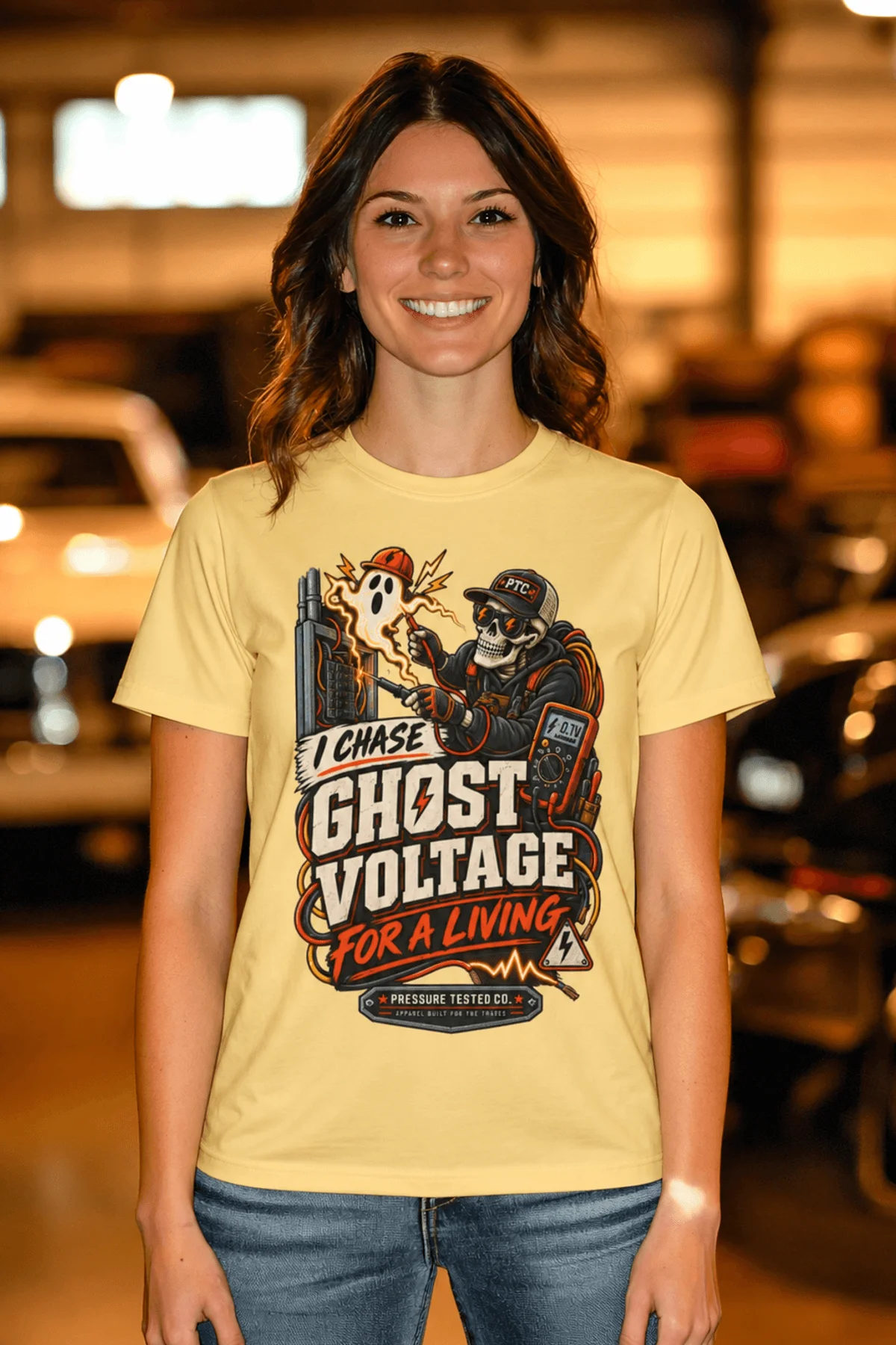 Ghost Voltage T-Shirt — 'I Chase Ghost Voltage for a Living' Vintage Electrician Tee — butter t-shirt, model photo | Pressure Tested Co