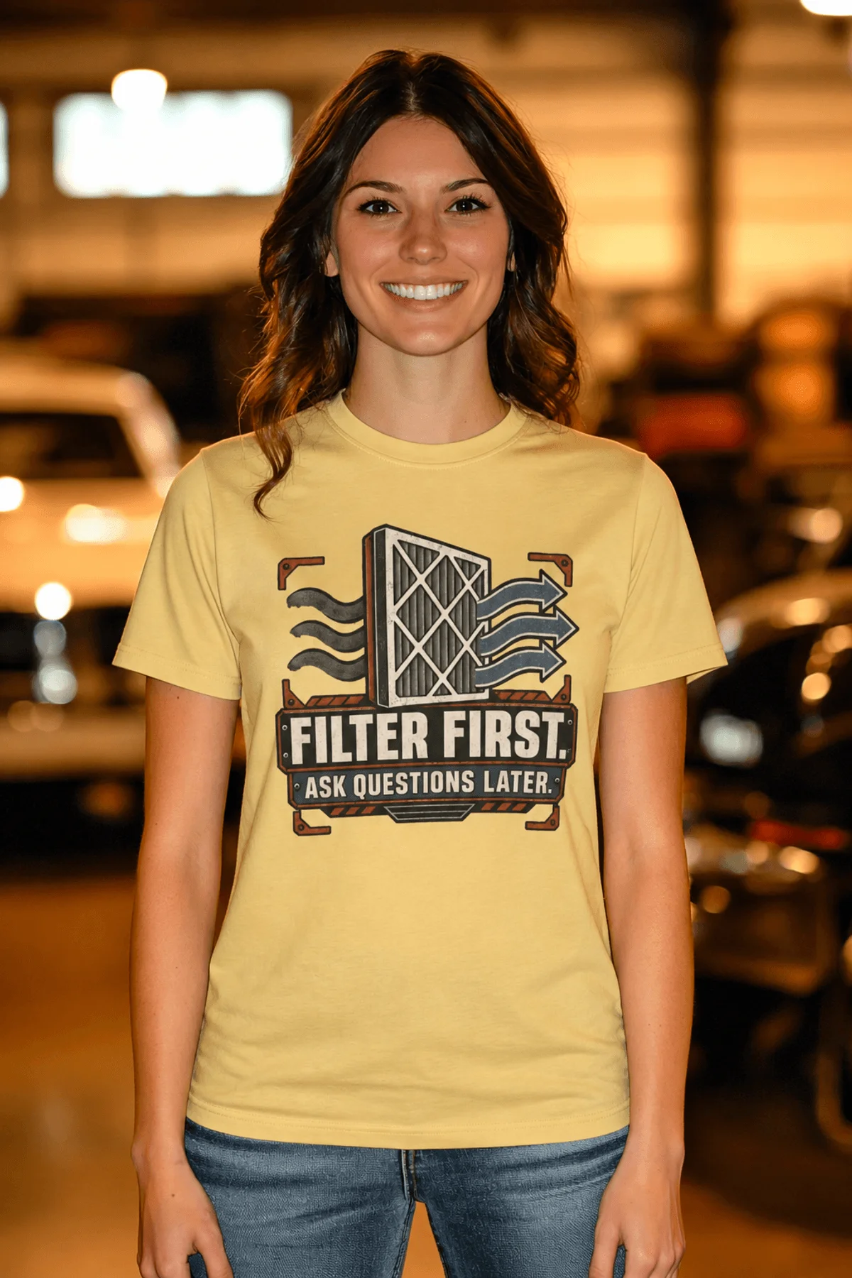 T-Shirt — "Filter First. Ask Questions Later." HVAC Air Filter Graphic — butter t-shirt, model photo | Pressure Tested Co