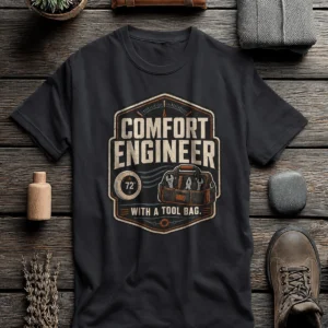 HVAC Tech T-Shirt — "Comfort Engineer" Vintage Tee with a Tool Bag — dark-grey t-shirt, flat-lay product photo | Pressure Tested Co