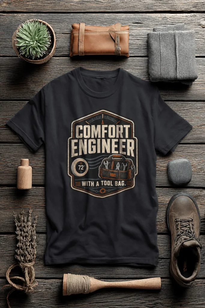 HVAC Tech T-Shirt — "Comfort Engineer" Vintage Tee with a Tool Bag — dark-grey t-shirt, flat-lay product photo | Pressure Tested Co