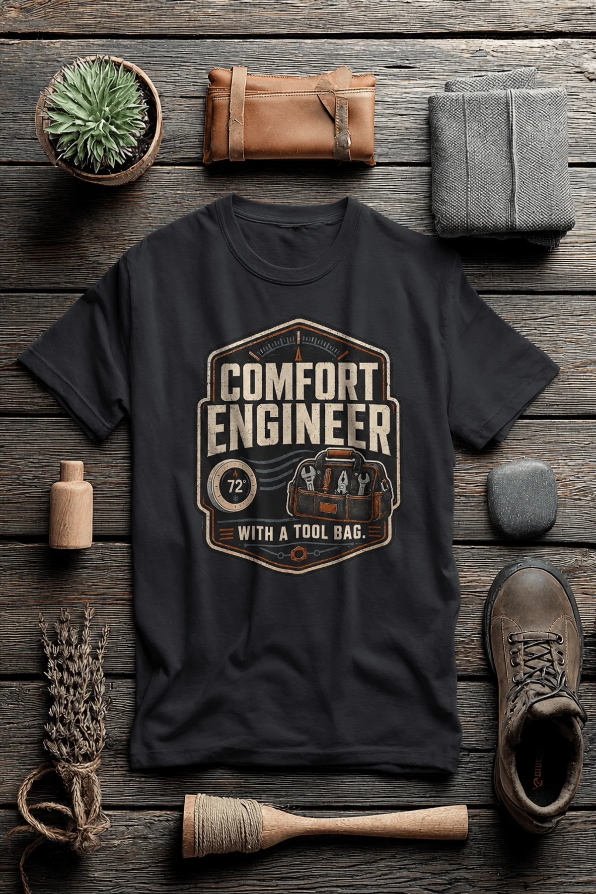 HVAC Tech T-Shirt — "Comfort Engineer" Vintage Tee with a Tool Bag — dark-grey t-shirt, flat-lay product photo | Pressure Tested Co