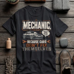 Mechanic Tee — "Mechanic. Because Cars Don't Fix Themselves" Funny Vintage Auto Technician Repair Shirt — dark-grey t-shirt, flat-lay product photo | Pressure Tested Co