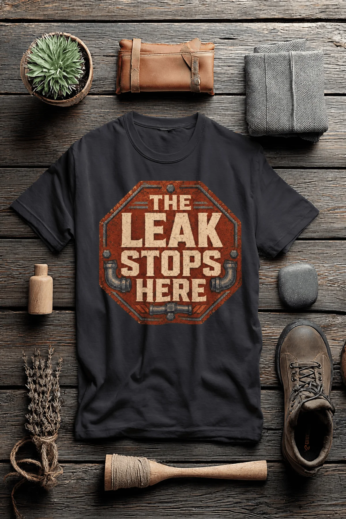 "The Leak Stops Here" Stop Sign Badge Style — Plumbing Repair Tech Humorous Tee — dark-grey t-shirt, flat-lay product photo | Pressure Tested Co