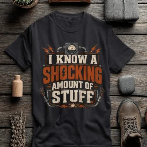 I Know A Shocking Amount Of Stuff T-Shirt — Electrician Science Humorous Tee — dark-grey t-shirt, flat-lay product photo | Pressure Tested Co