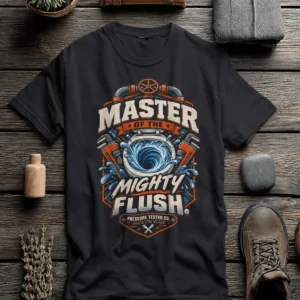 Master of the Mighty Flush T-Shirt — Plumber/Funny Toilet Repair Tee — dark-grey t-shirt, flat-lay product photo | Pressure Tested Co