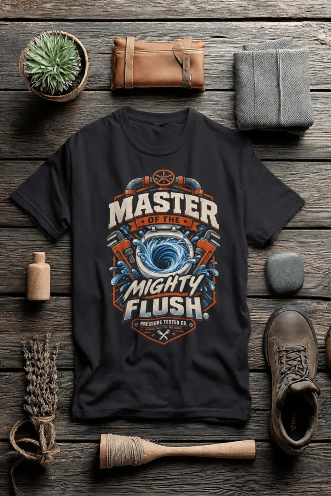 Master of the Mighty Flush T-Shirt — Plumber/Funny Toilet Repair Tee — dark-grey t-shirt, flat-lay product photo | Pressure Tested Co