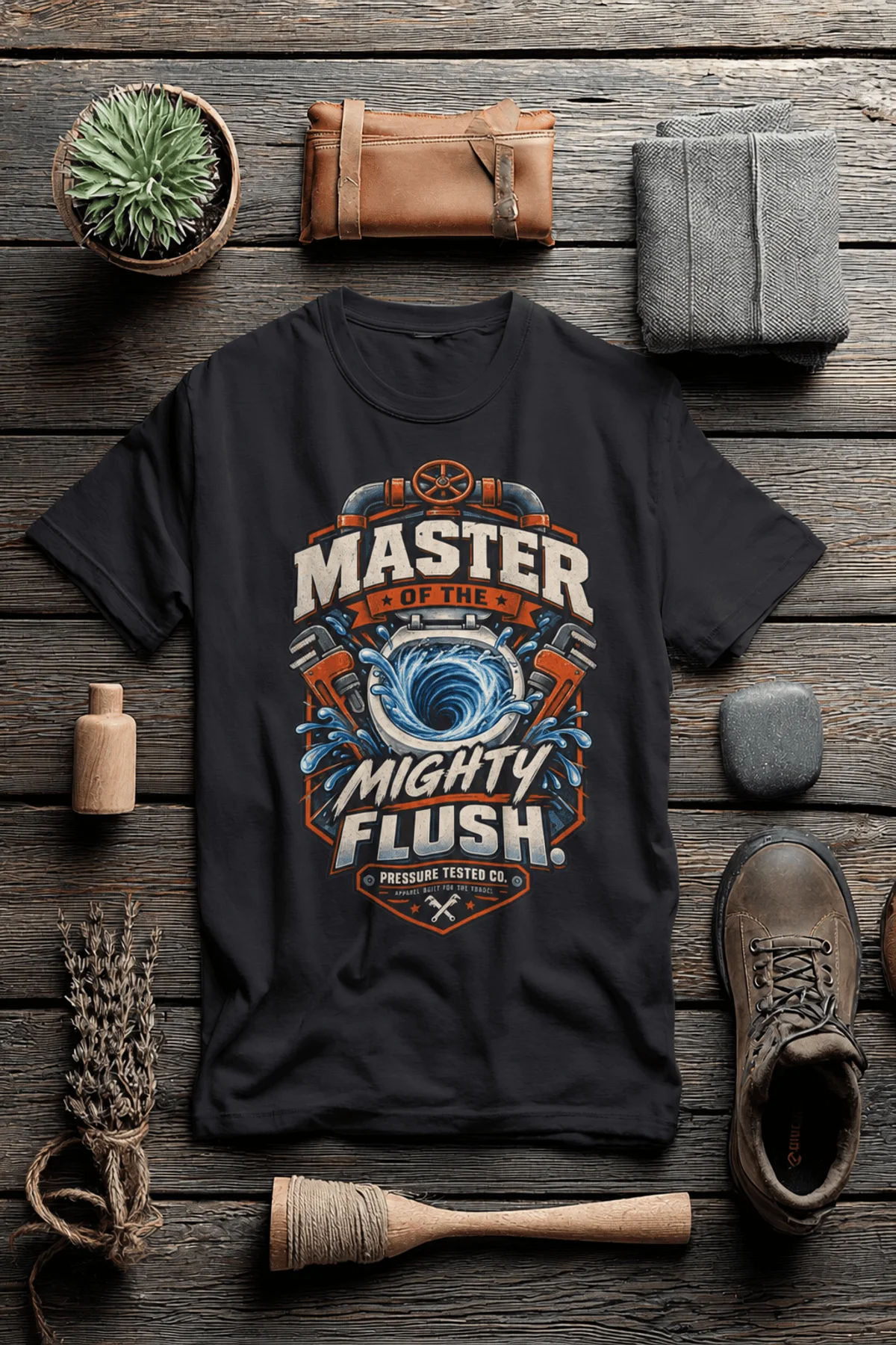 Master of the Mighty Flush T-Shirt — Plumber/Funny Toilet Repair Tee — dark-grey t-shirt, flat-lay product photo | Pressure Tested Co
