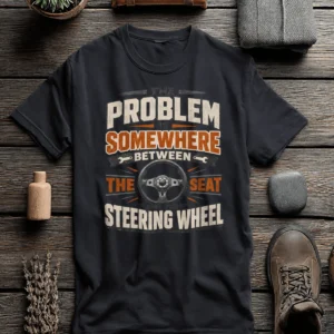 Driving Humor T-Shirt — "The Problem Is Somewhere Between The Seat And The Steering Wheel" — dark-grey t-shirt, flat-lay product photo | Pressure Tested Co