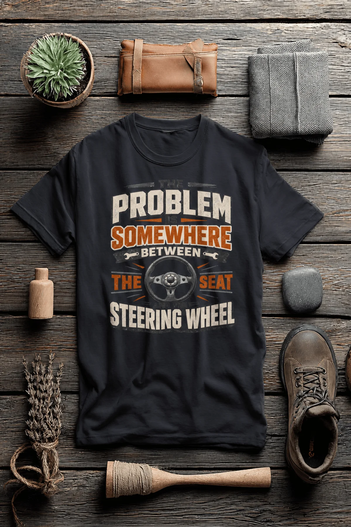 Driving Humor T-Shirt — "The Problem Is Somewhere Between The Seat And The Steering Wheel" — dark-grey t-shirt, flat-lay product photo | Pressure Tested Co