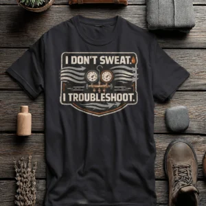 HVAC Tech T-Shirt – "I Don't Sweat. I Troubleshoot." Retro Tech Shirt — dark-grey t-shirt, flat-lay product photo | Pressure Tested Co