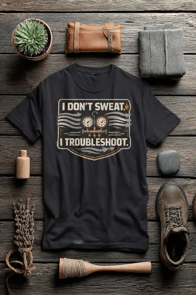 HVAC Tech T-Shirt – "I Don't Sweat. I Troubleshoot." Retro Tech Shirt — dark-grey t-shirt, flat-lay product photo | Pressure Tested Co