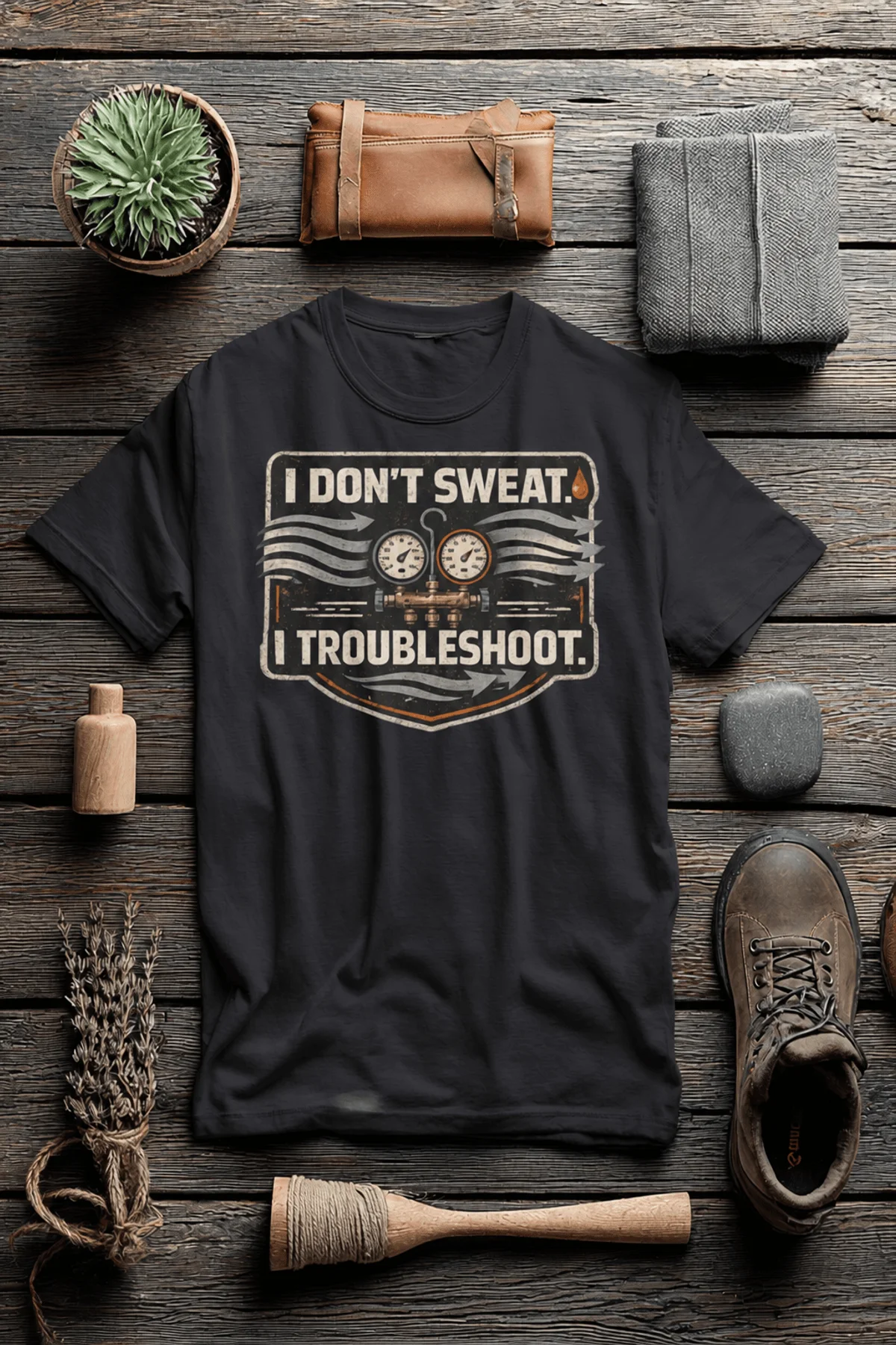 HVAC Tech T-Shirt – "I Don't Sweat. I Troubleshoot." Retro Tech Shirt — dark-grey t-shirt, flat-lay product photo | Pressure Tested Co
