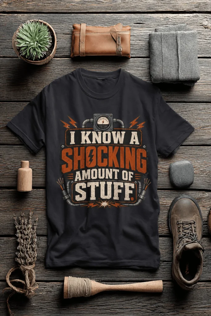 I Know A Shocking Amount Of Stuff T-Shirt — Electrician Science Humorous Tee — dark-grey t-shirt, flat-lay product photo | Pressure Tested Co